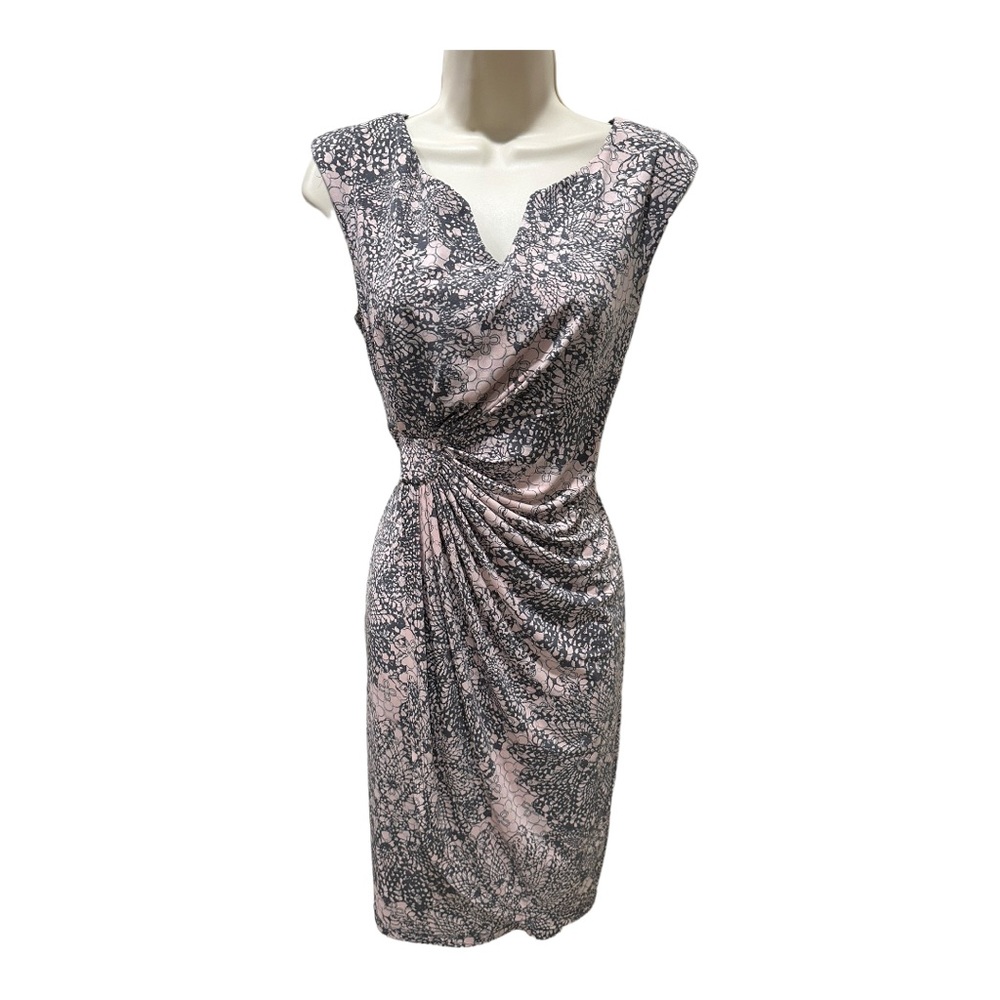 ⭐️ CONNECTED APPAREL - RUCHED GRAY & PINK MIDI CAP- SLEEVED DRESS - SIZE 6 ⭐️